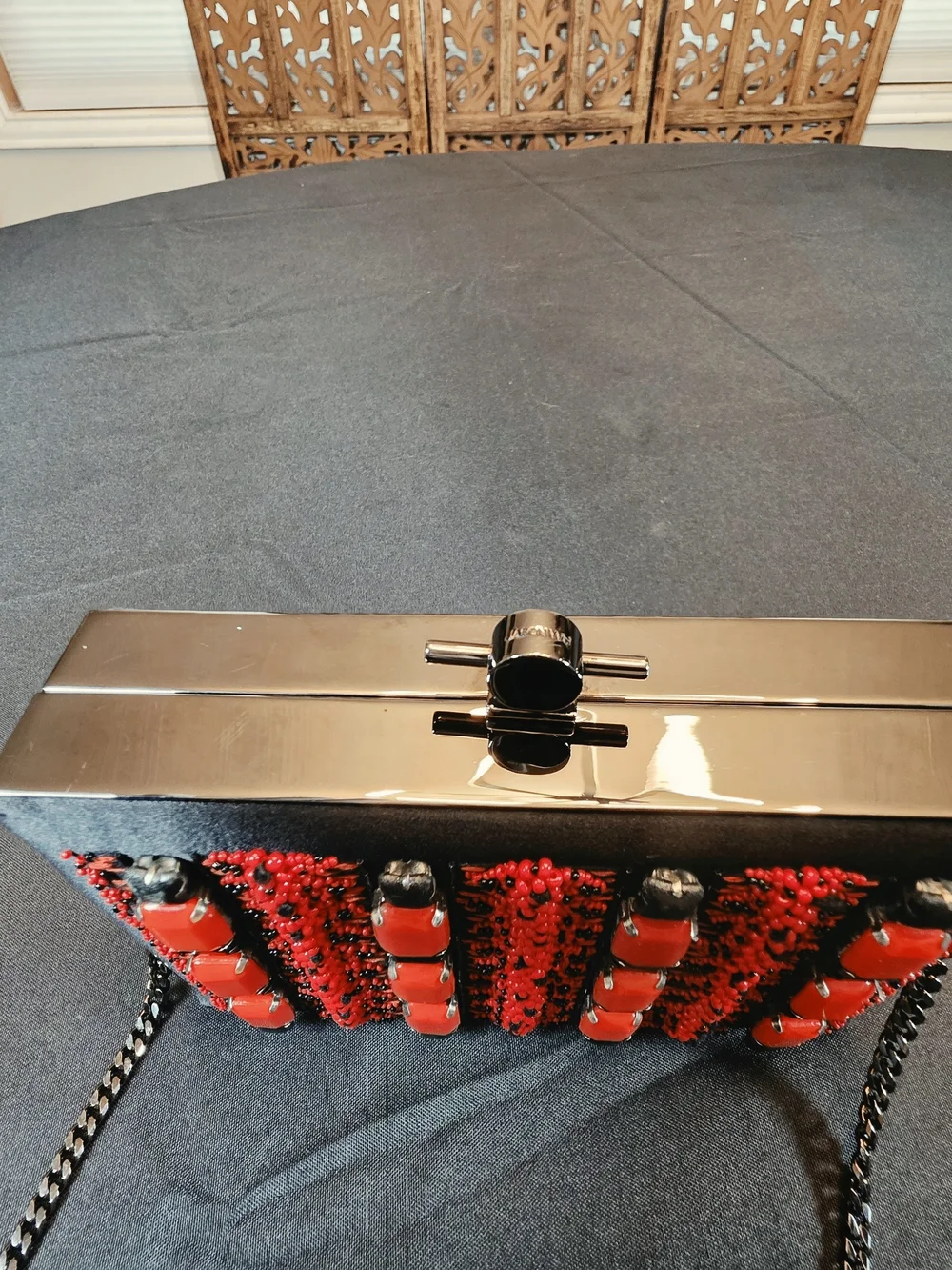 Jason Wu Minaudiere Clutch. Hand Beaded Red Detail with Black Satin.